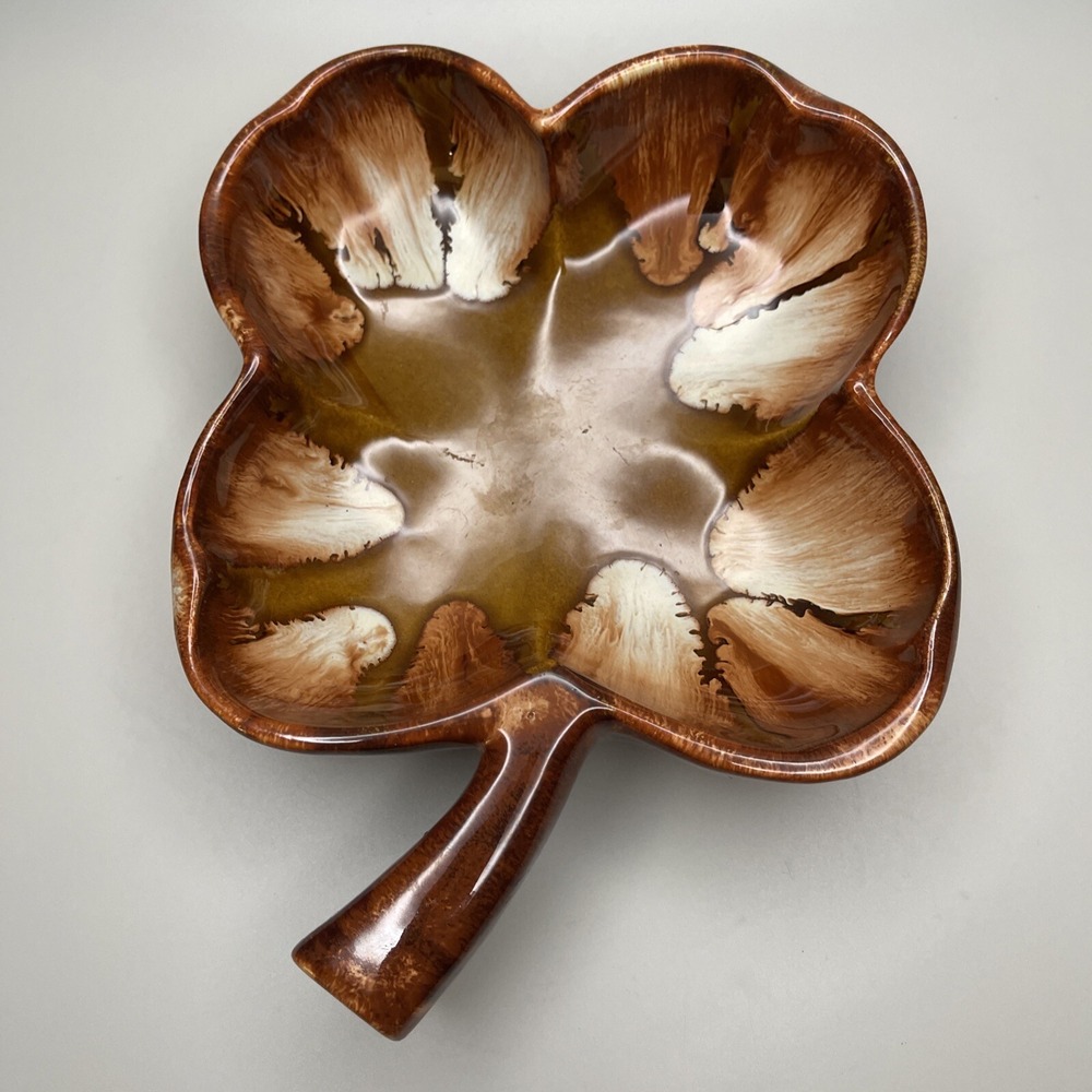 Vtg MCM Dryden Art Pottery‎ Bowl Dish 4 Leaf Clover Shamrock Brown Drip  Ozark